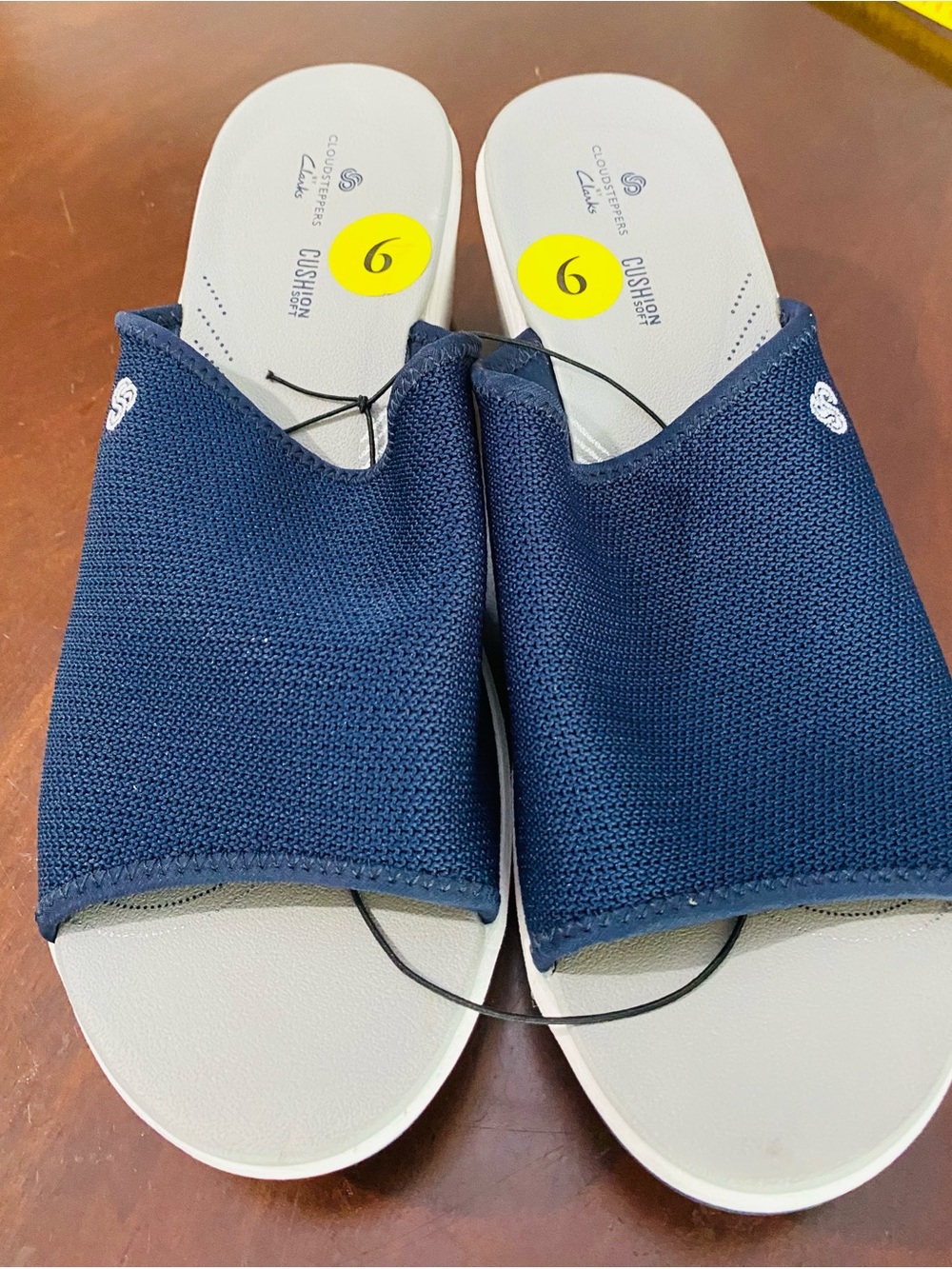 Clarks Navy Slide Sandals with Light Gray Footbed